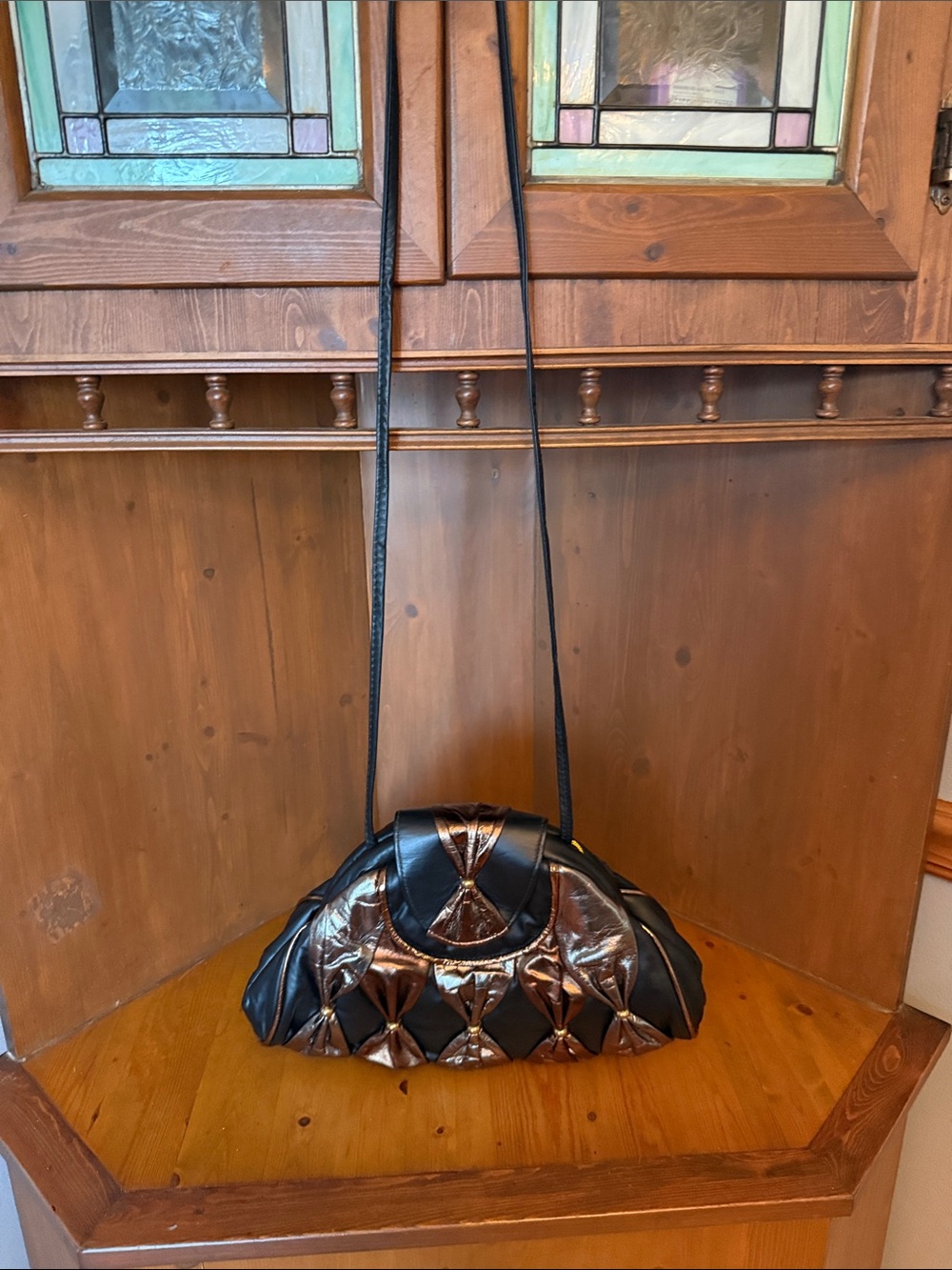 Vintage 1980s Black Leather Metallic Gold Bow Patchwork  Half-Moon shoulder bag